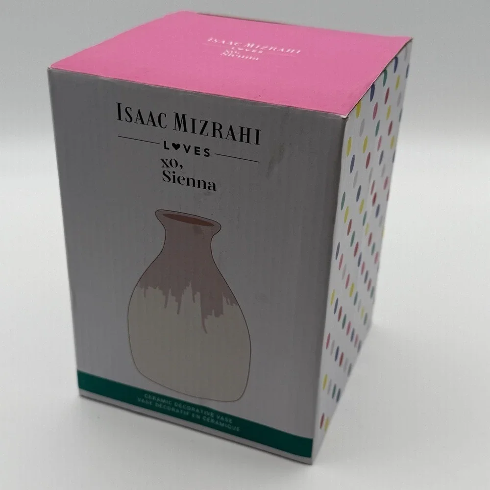 Isaac Mizrahi Loves‎ Xo Sienna Vase Ceramic Pottery Cream Hand Dipped Pink Glaze